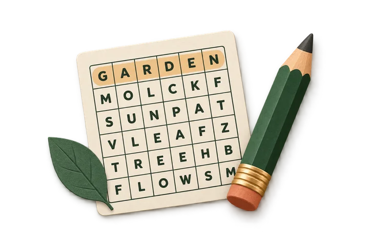 A word puzzle with a green pencil and paper leaf